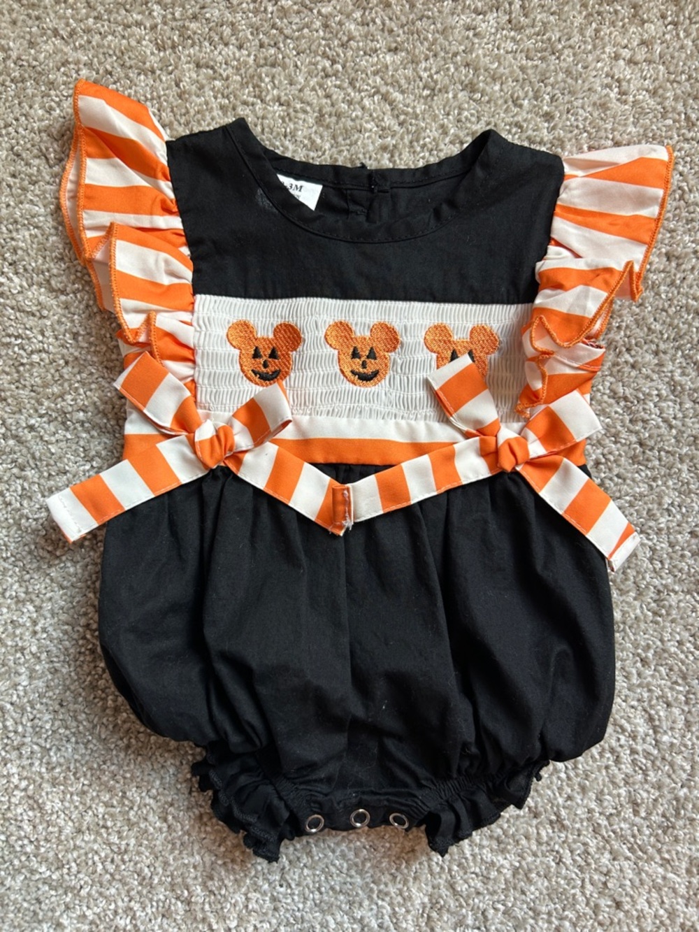 Black Baby Bubble Romper with Orange Stripe Bows and Mickey Pumpkin Smocking